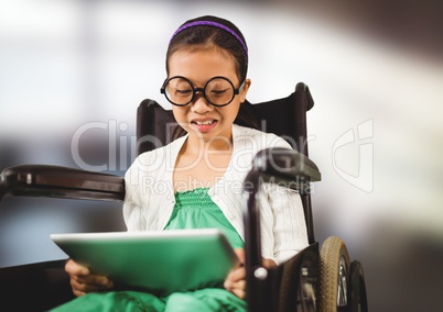 Composite image of little girl using tablet