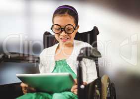 Composite image of little girl using tablet