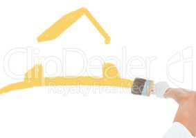 hand with paint brush, painting yellow house