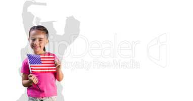 Digital composite image of little girl holding American flag with graduate shadow in back