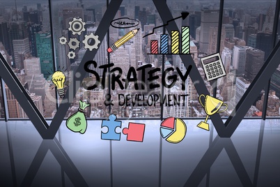 Strategy and development text surrounded by icons