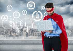 Business man superhero with laptop against skyline with white interface
