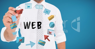 Business man mid section with marker behind web doodles against blue background