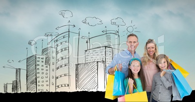 Portrait of family holding shopping bags with buildings in background