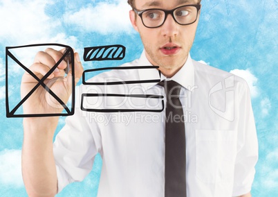 Business man with marker and website mock up against sky