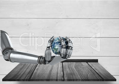 Android Robot hand holding planet earth with wood background