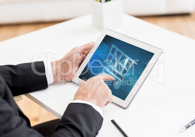 Man using Tablet with Shopping trolley icon