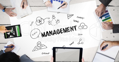 Management text with icons and hands of business people