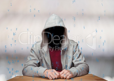 Red t shirt hacker with out face in the desk white background whit blue code