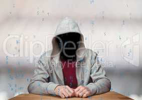 Red t shirt hacker with out face in the desk white background whit blue code