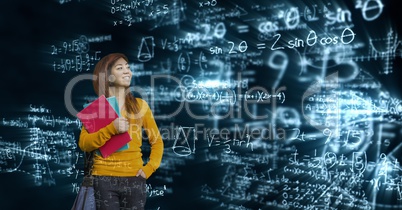 Digital composite image of female student looking at math equations