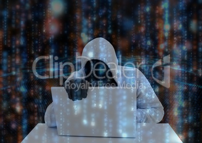 Light grey jumper hacker with out face doing something on the computer. Binary code sea