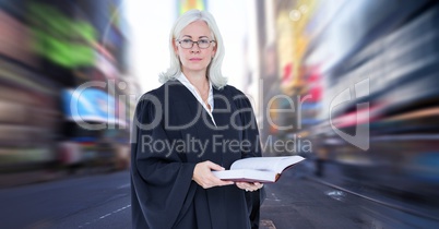 Judge in front of city motion blur