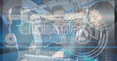 Digital composite image of tech graphics with business people in office