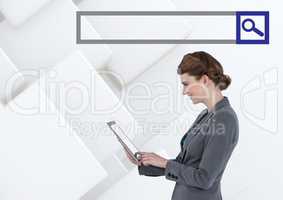 Search Bar with woman on tablet