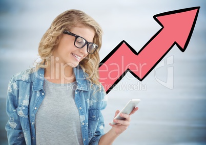 Woman with phone against pink arrow and blurry grey wood panel