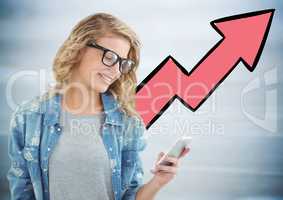 Woman with phone against pink arrow and blurry grey wood panel