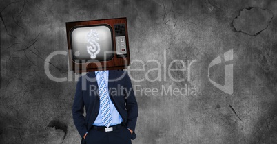 TV on businessman's head with dollar sign on screen