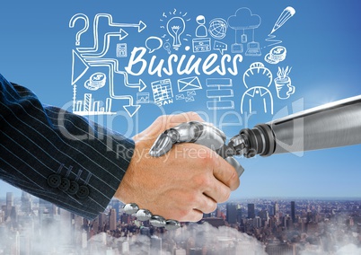 Android handshake businessman over city and Business text with drawings graphics
