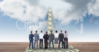 Digital composite image of business people looking at money walkway leading towards sky