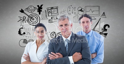 Portrait of business people with various icons against gray background