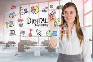 Digital composite image of businesswoman touching icons in office