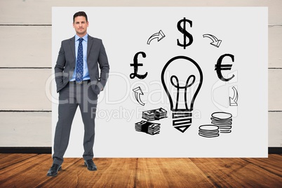 Businessman with hands in pockets standing against idea and money graphics on bill board