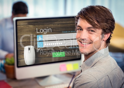 Men in the office with the computer. Login screen