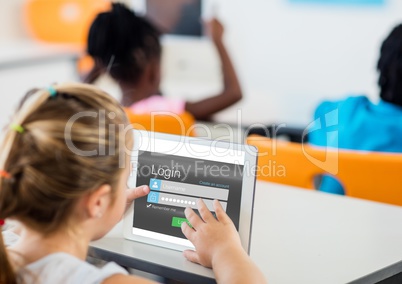 Girl in class with tablet. Screen with login