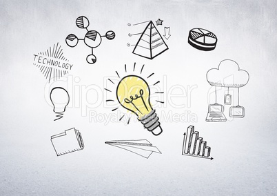 Colourful lightbulb with business graphs and charts graphic drawings