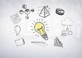 Colourful lightbulb with business graphs and charts graphic drawings