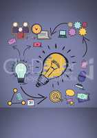 Colourful lightbulb with Business graphics drawings icons