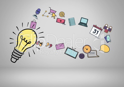 Colourful lightbulb with business graphic drawings