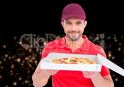 Deliveryman with the pizza in front of the city at night. Little lights