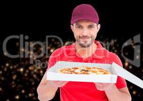 Deliveryman with the pizza in front of the city at night. Little lights