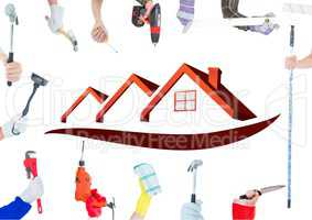 A lot of hands with different tools with red houses background