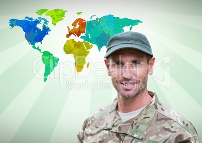 Army soldier man in front of Colourful Map