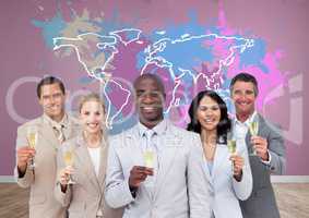 Businessman with champagne glasses in front of Colorful Map with paint splattered wall background