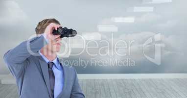 Digital composite image of businessman using binoculars against steps in sky