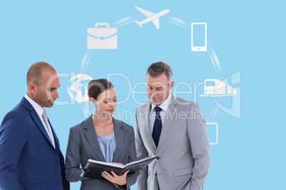 Digitally generated image of business people discussing with various icons in background