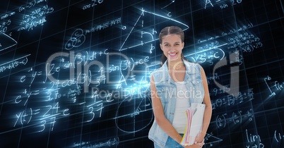 Digital composite image of female student with math data