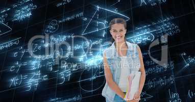 Digital composite image of female student with math data