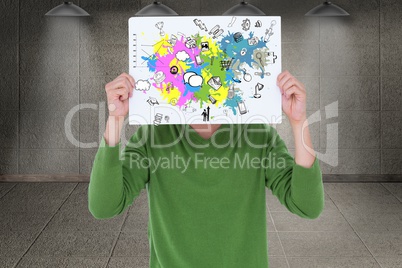 Man holding billboard with various icons