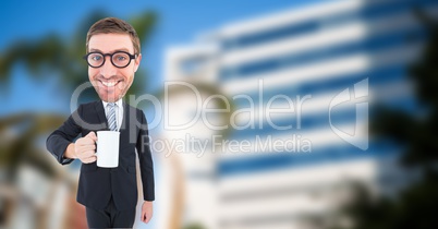 Happy nerd businessman holding coffee cup