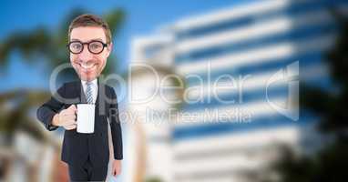 Happy nerd businessman holding coffee cup