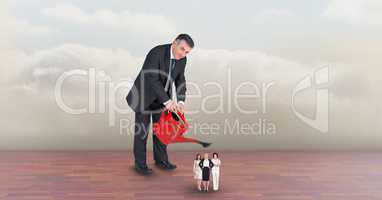 Digital composite image of manager watering employees against sky
