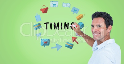 Portrait of smiling man writing timing surrounded by various icons
