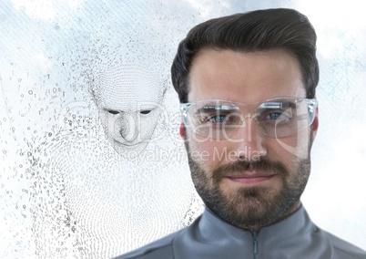 Man in glasses and 3D male shaped binary code against sky and clouds