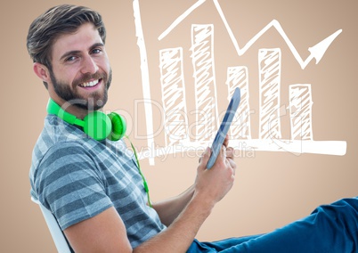 Man leaning back in chair with tablet against white graph and cream background