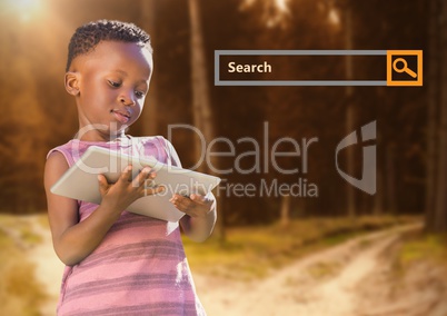 Search Bar with child on tablet in woods